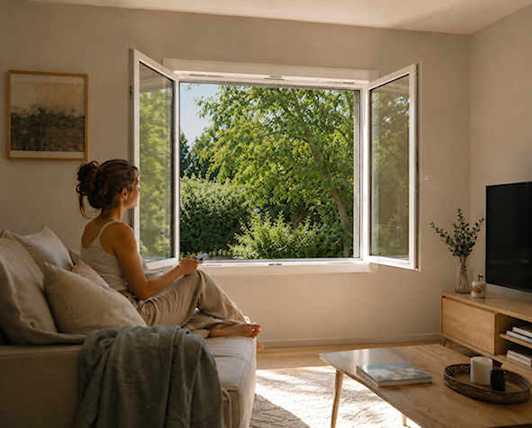Moustiquaire enroulable installée dans un salon